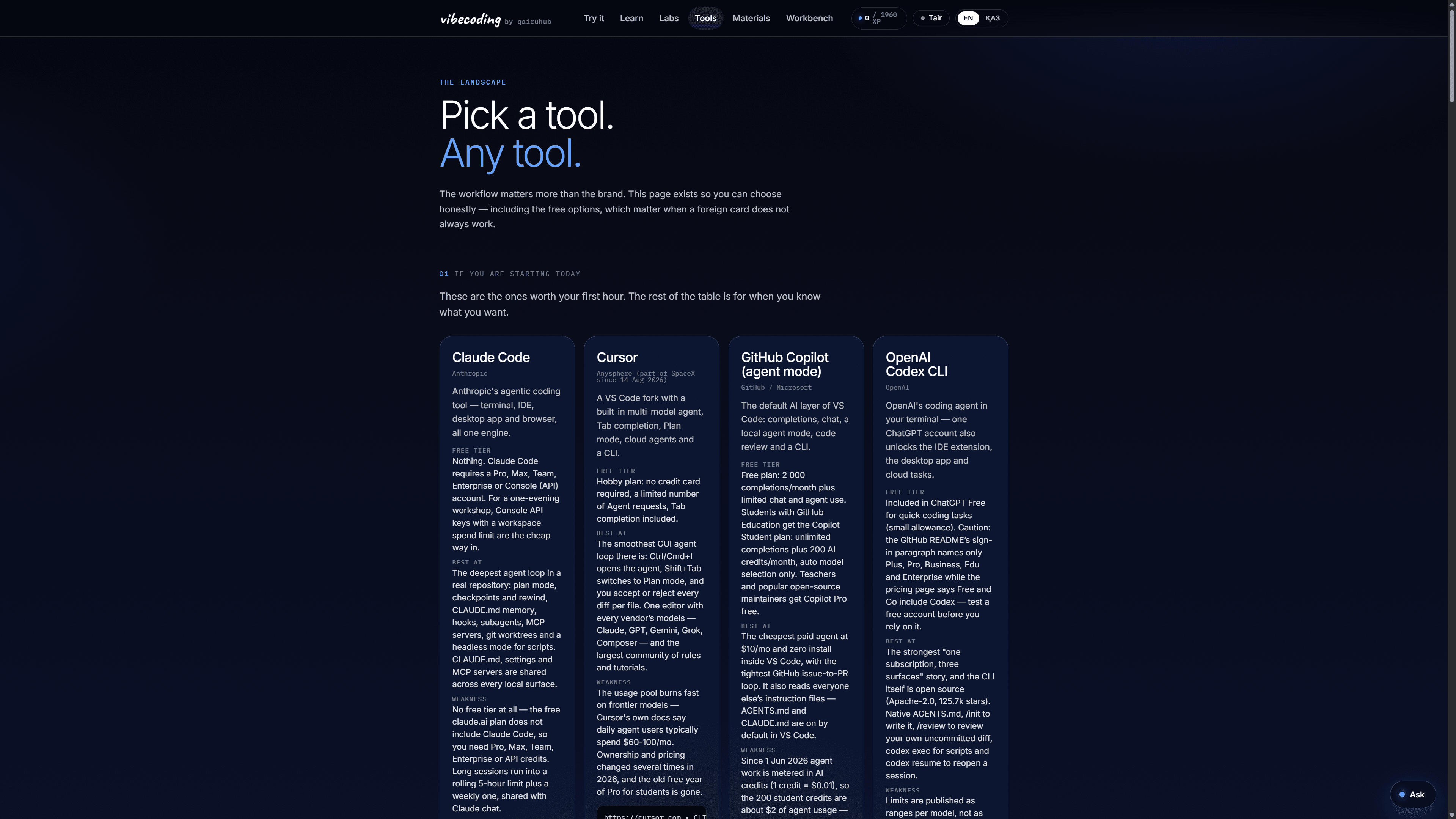 Страница инструментов Vibecoding «Pick a tool. Any tool.» со сравнением Claude Code, Cursor, GitHub Copilot и OpenAI Codex CLI.