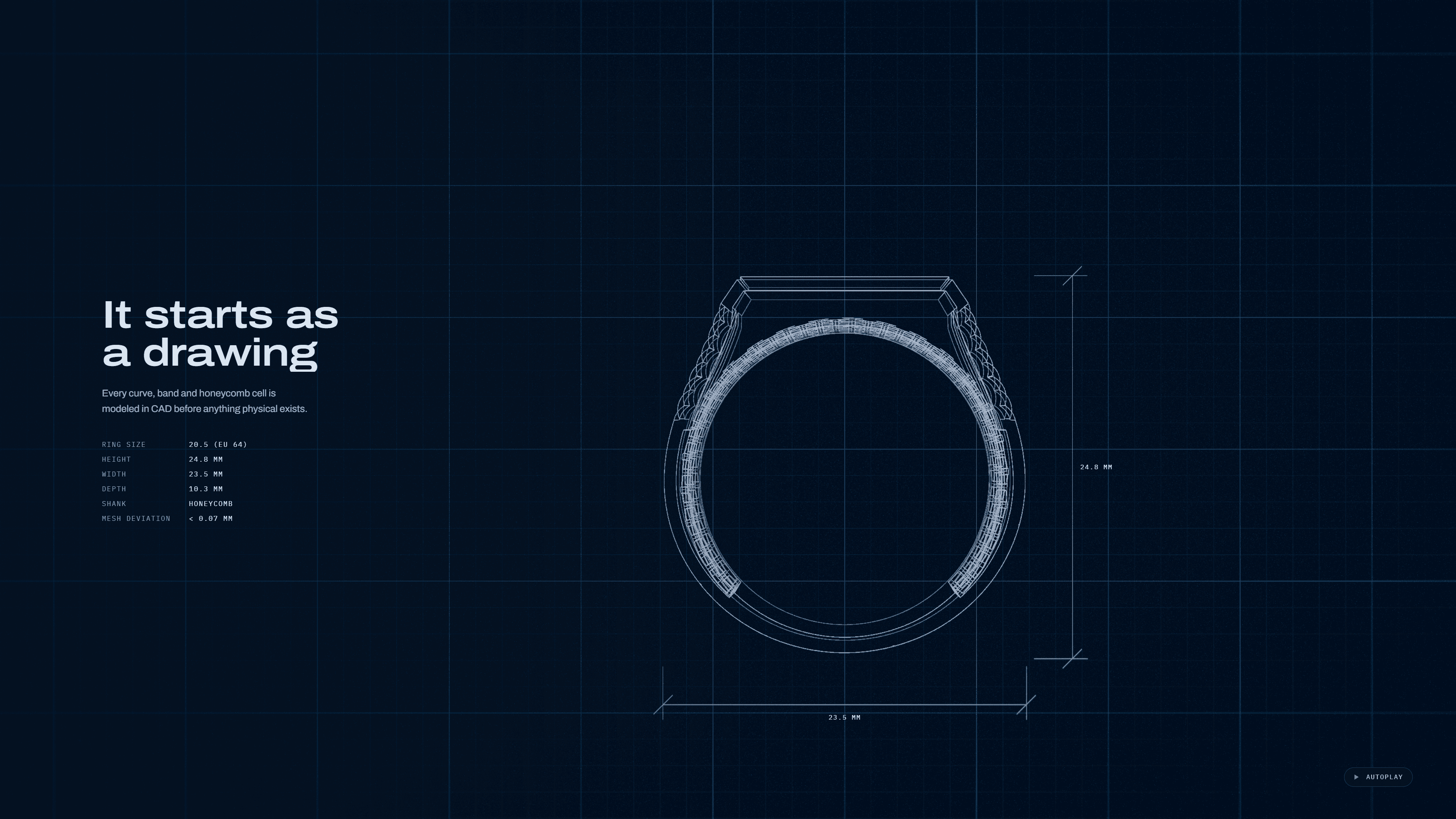 Первый акт «It starts as a drawing»: каркасная CAD-модель перстня с размерами.